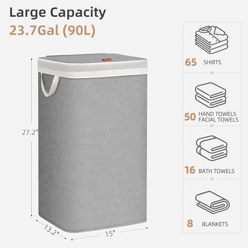 Metal Frame Laundry Hamper with Lid, 90L Tall Laundry Baskets 1 Section Gray