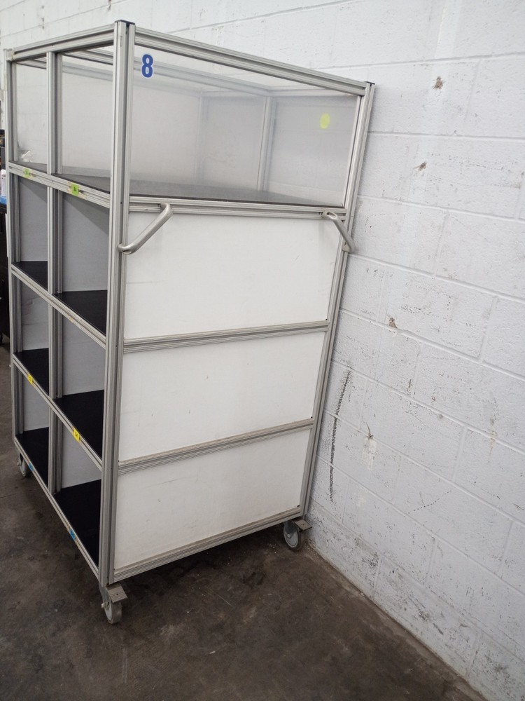 A ROBUST 8-CUBICLE ROLLING REBIN CART, FOR ANY WAREHOUSE, GARAGE, OR WORKSHOP