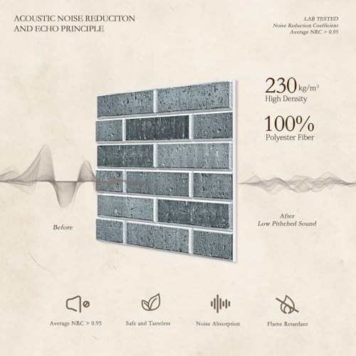 12Pack Acoustic Panels, Self-Adhesive 3D Brick Pattern 12"×12"-Brick Lime Black