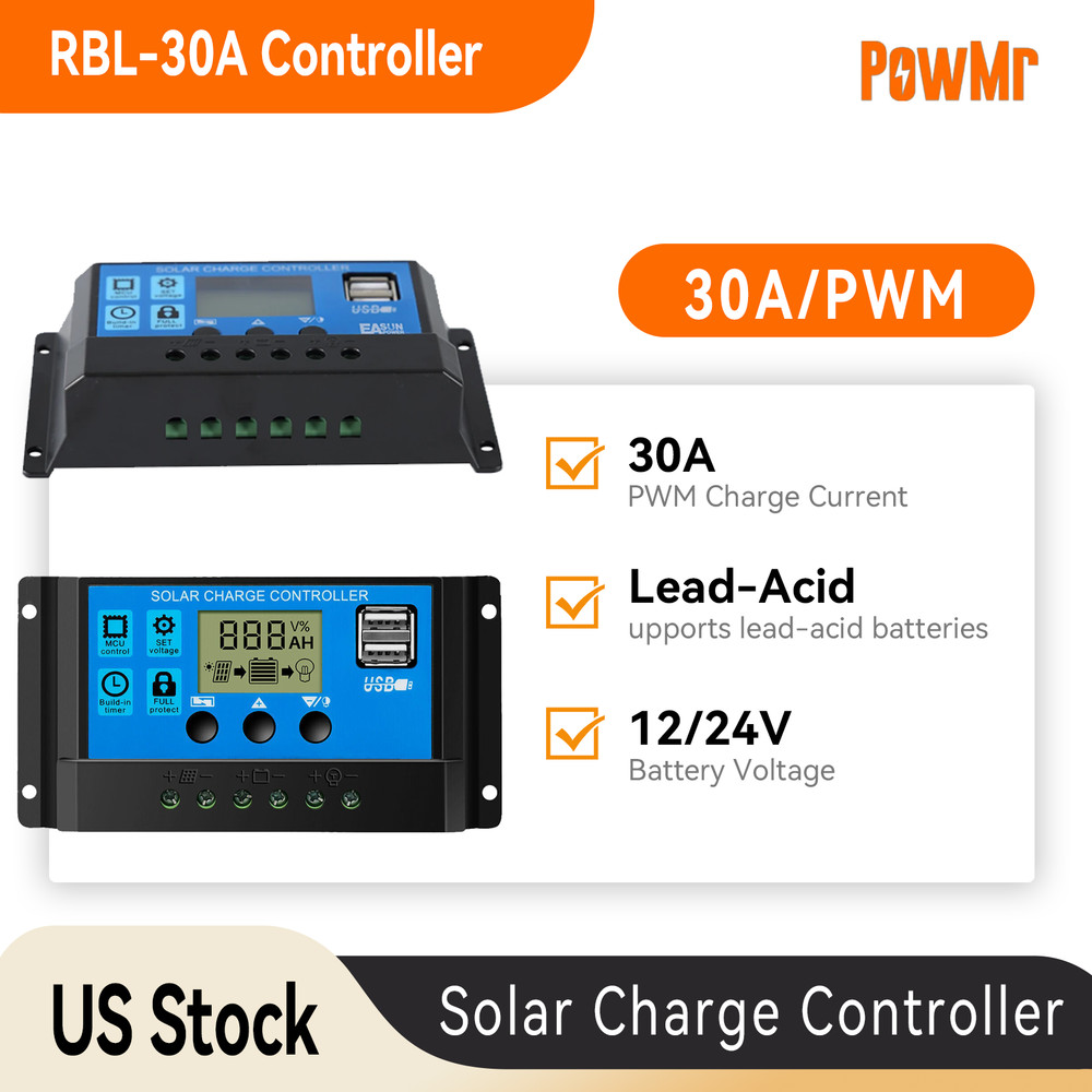 30A Solar Panel Battery Charge Controller 12V/24V LCD Regulator Auto Dual USB US