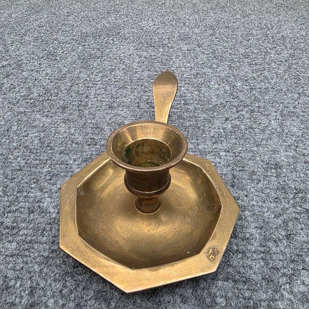 Vintage Heavy Solid Brass Chamberstick Candle Holder Octagonal Base Finger Loop