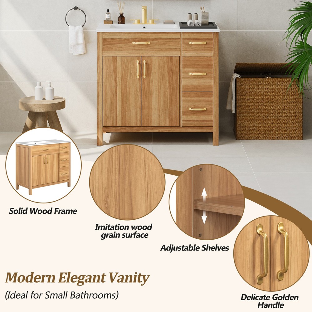 36" Wood Bathroom Vanity with Solid Wood Frame, 2 Soft Close Doors, 3 Soft Clo