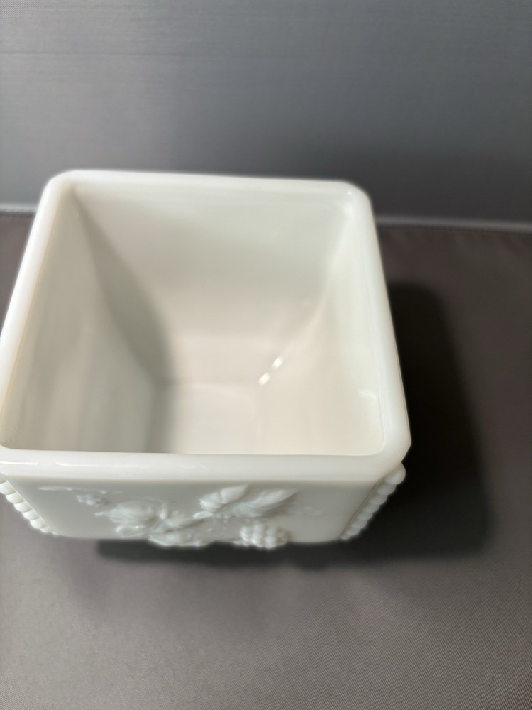 A Milk Glass Planter Embossed Grape And Leaf Pattern Square Shape Vintage