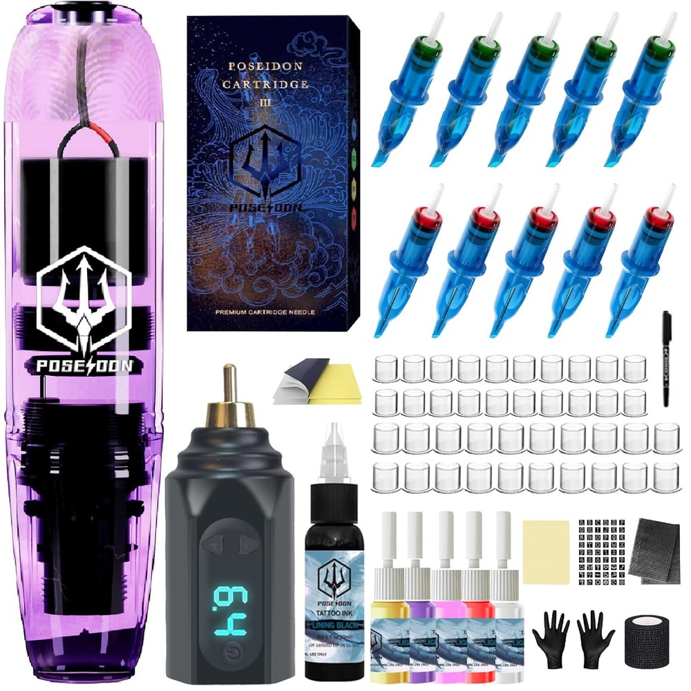 POSEIDON Wireless Tattoo Kit, Complete Kit! For Beginners TK039