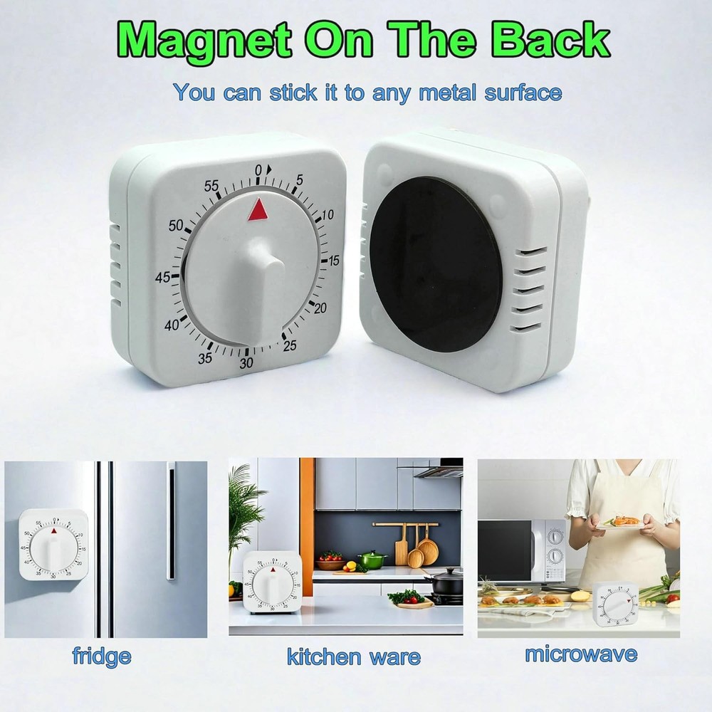 Square 60 Minute Mechanical Kitchen Timer - Visual Kitchen Cooking Timer Clock w
