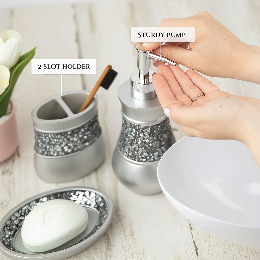 Cracked glass and silver bathroom accessories set (6 pieces)
