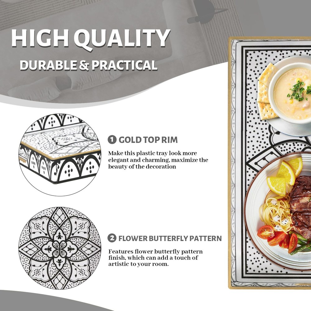 Plastic Serving Tray with Handles Rectangular Black Flower Pattern 15.8x11.8 In