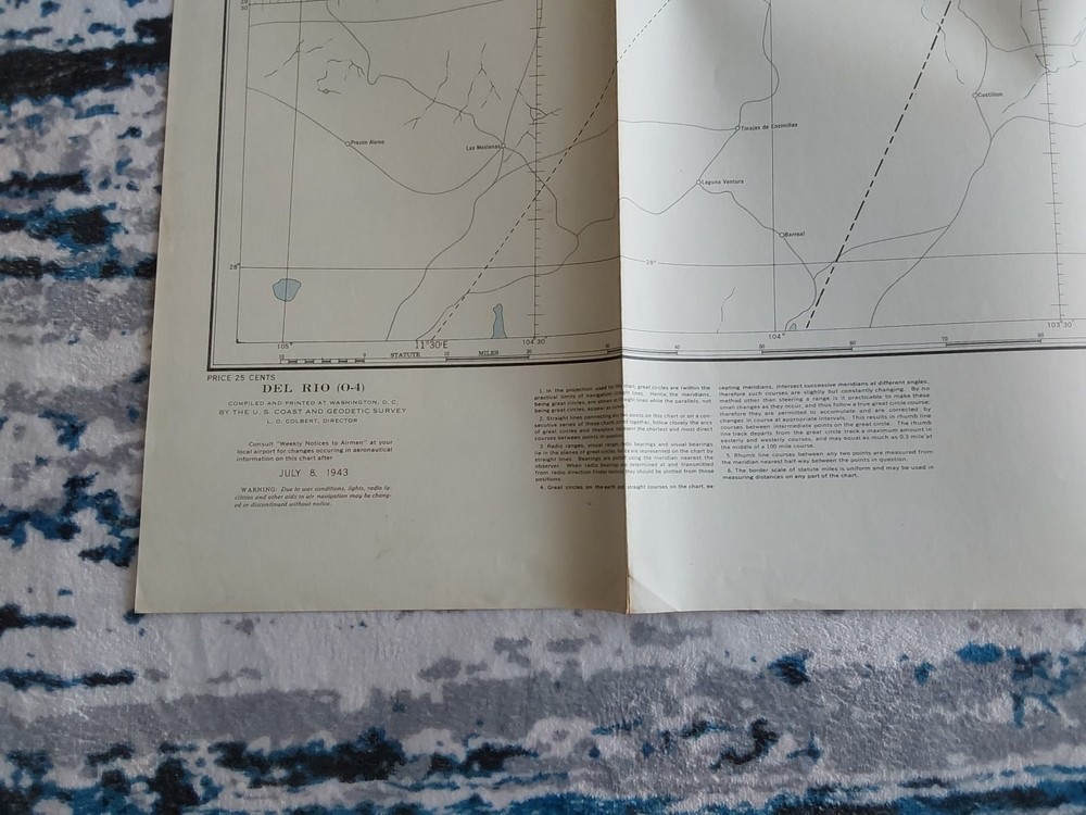 1943 WWII Sectional Aeronautical Chart Pilot Map Del Rio, Eagle Pass TX Mexico