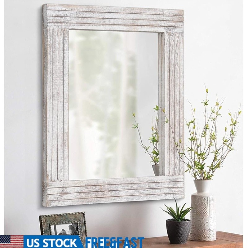 Rustic Wooden Wall Mirror Rectangular Frame Durable Decorative Accent Home Decor