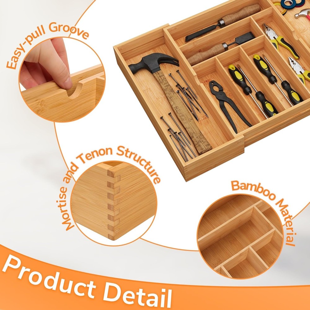 Elegant Bamboo Silverware Organizer - 3" Deep, 8-Cmp Multi-Functional Design