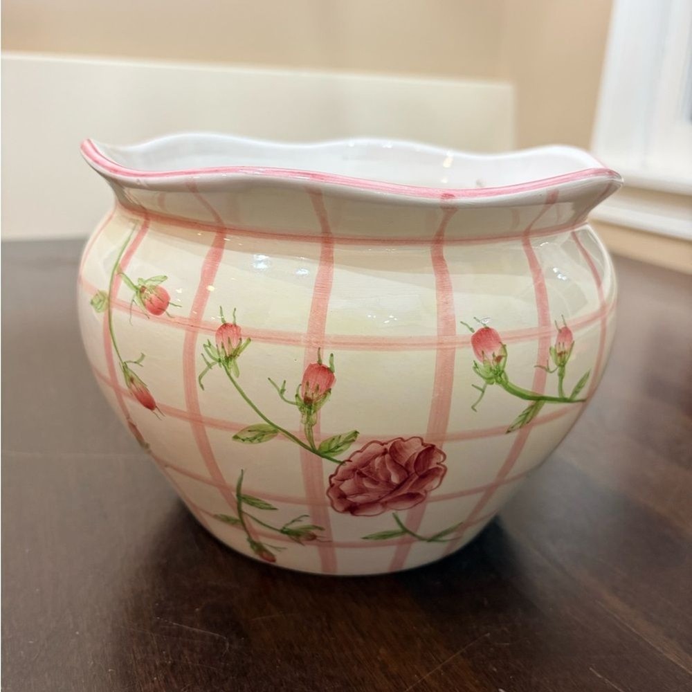 Pink Check Floral Ceramic Planter Pot