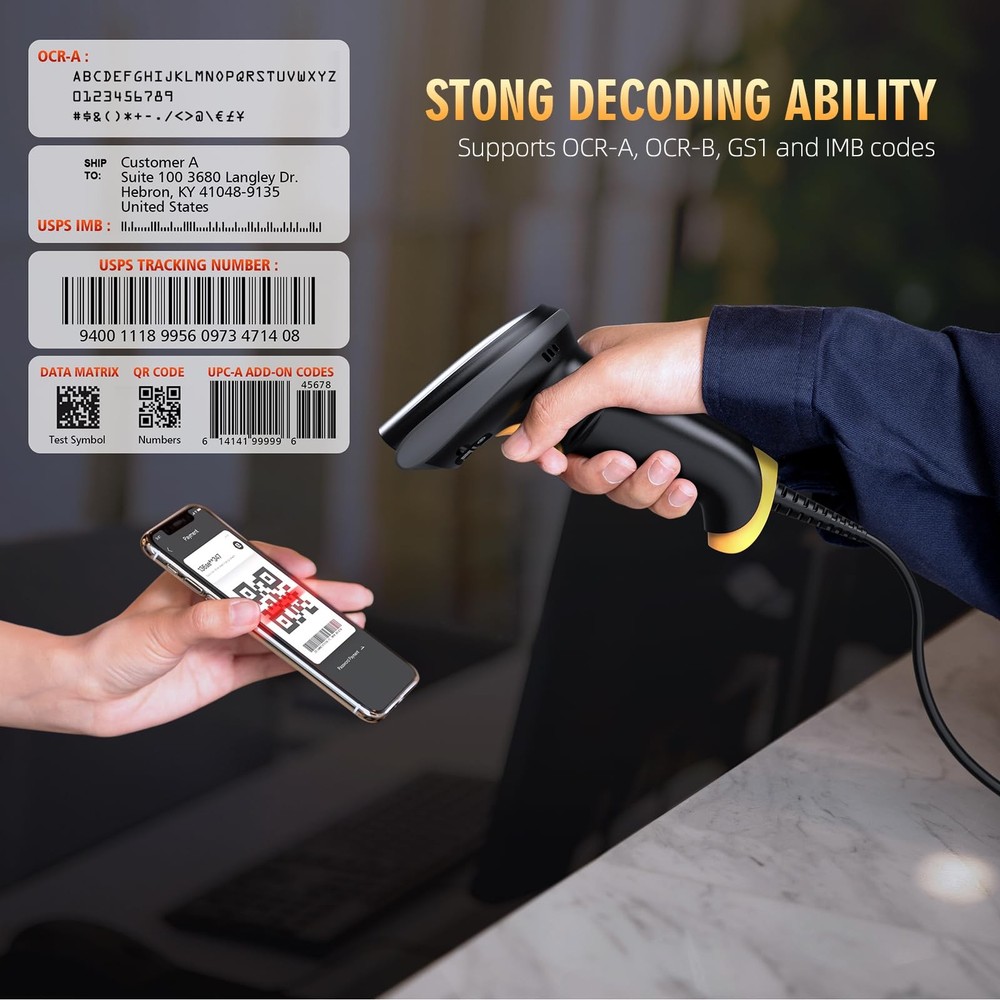 TEEMI 2D Barcode Scanner USB Wired Virtual COM Handheld Automatic QR BLACK