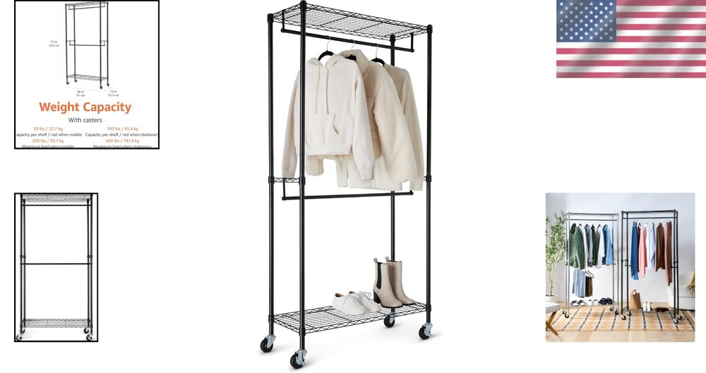 Adjustable Double Hanging Garment Rack - Black, 36x14x72