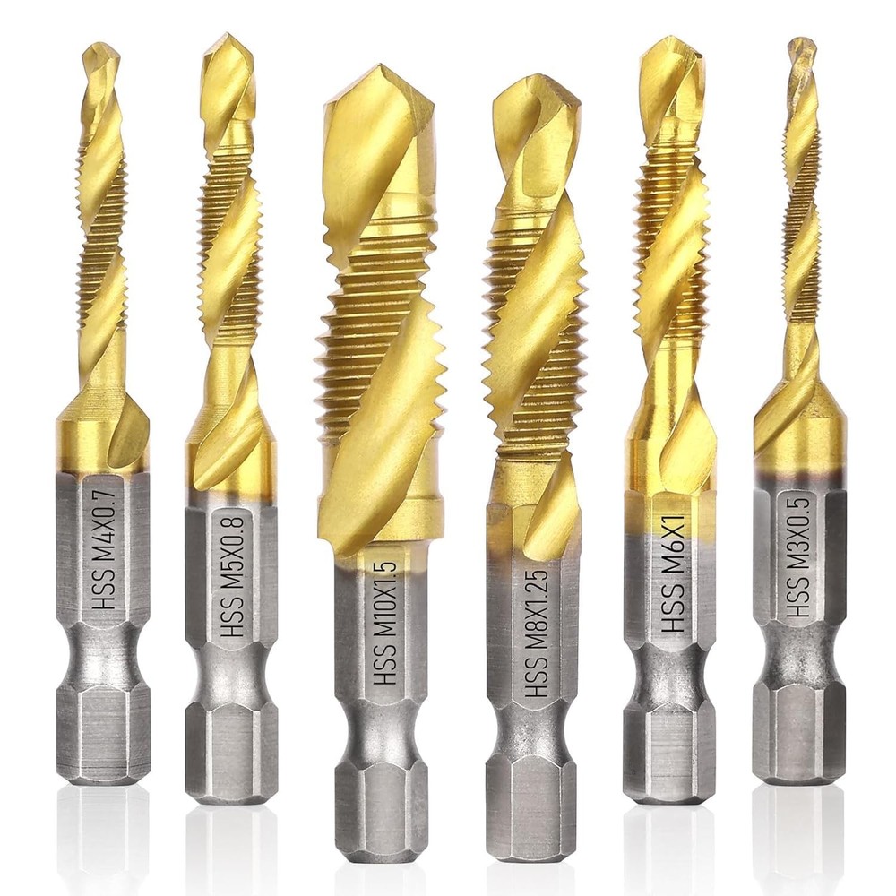 6 Pcs Drill Tap Set | Titanium Plated Combination Taps Bit | M3 M4...