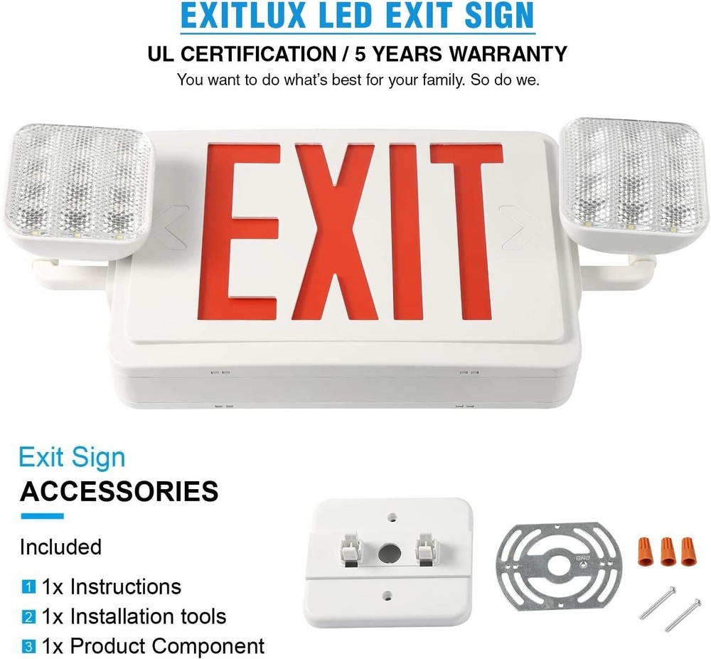 2 Pack LED Exit Sign Emergency Light–Hi Output Compact Combo UL listed Red