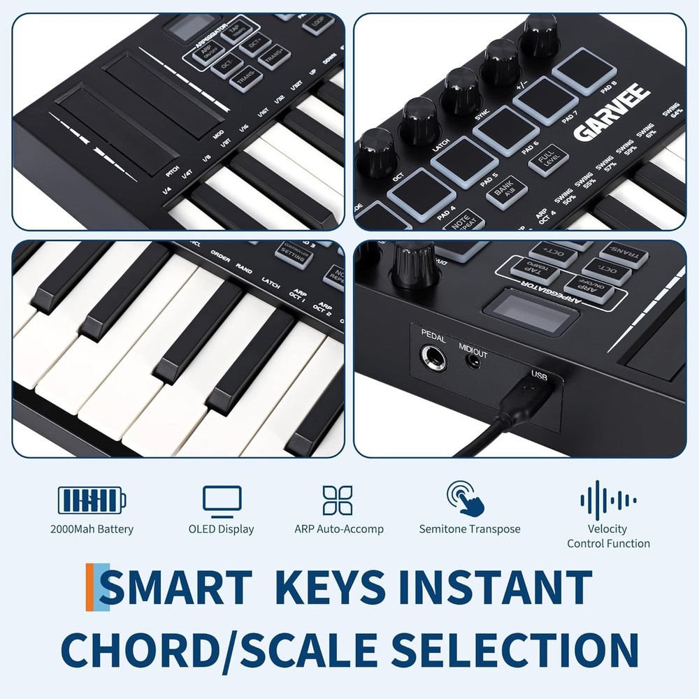 25-Key Half-Weight MIDI Keyboard with 8 Backlit Drum Pads & 8 Knobs, Bluetooth