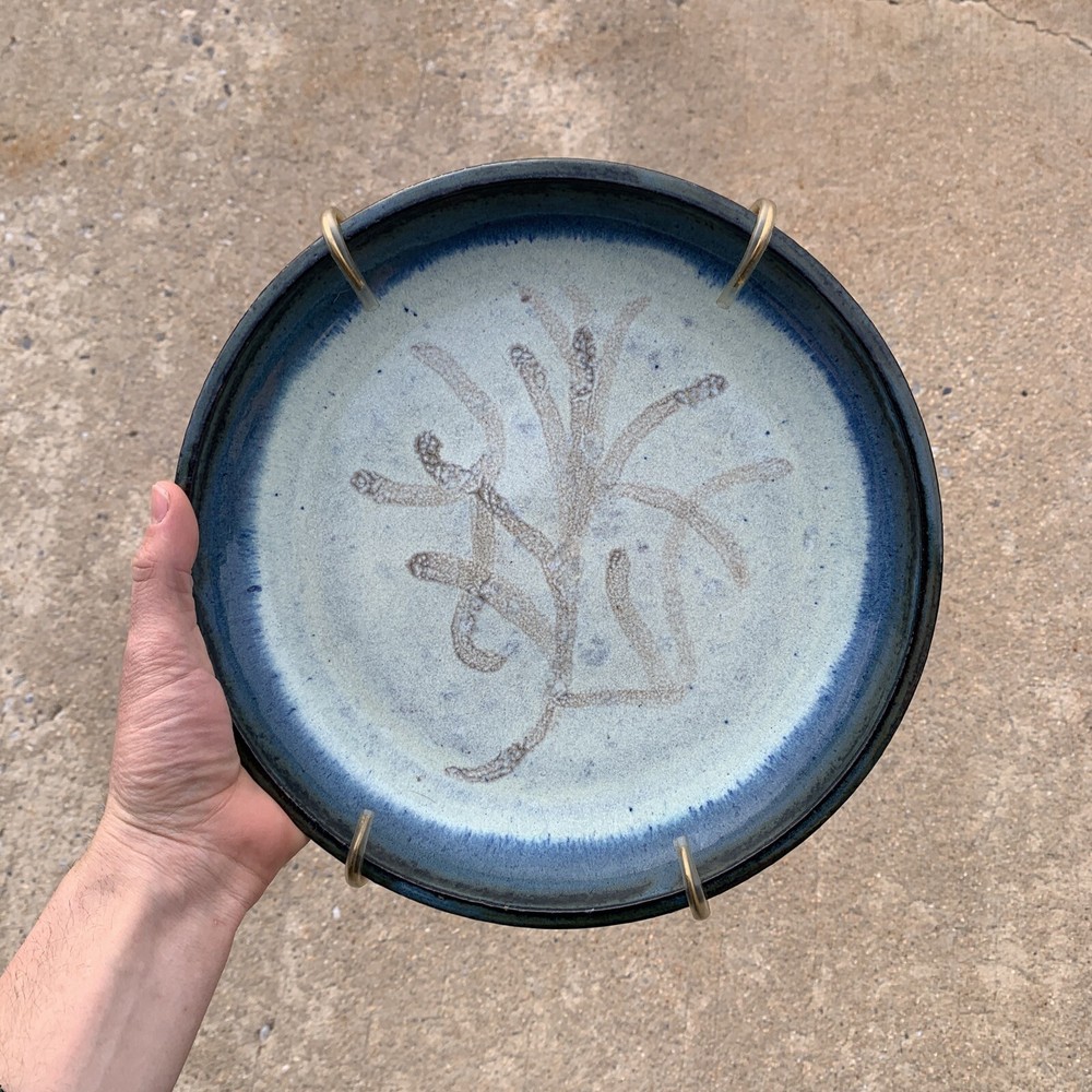 Art Studio Pottery Plate Platter Display 10” Blue Tree Star Kelp Pattern- Signed