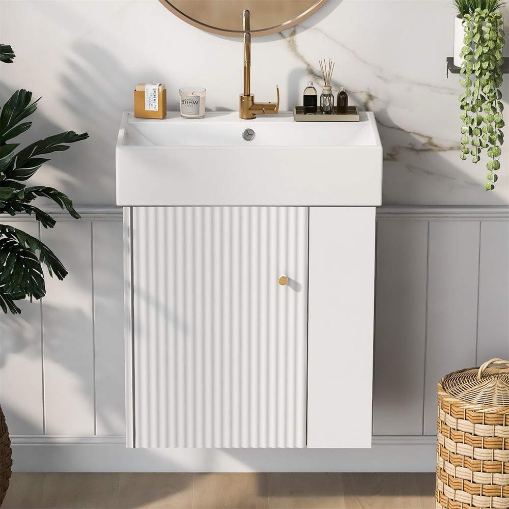 Modern Floating Bathroom Vanity Cabinet with Ceramic Basin and Side Storage