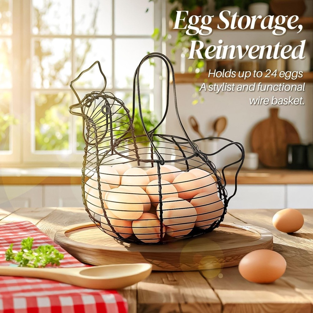 Chicken Egg Holder Black Rectangular Wire Basket with Handle for Eggs Fruits