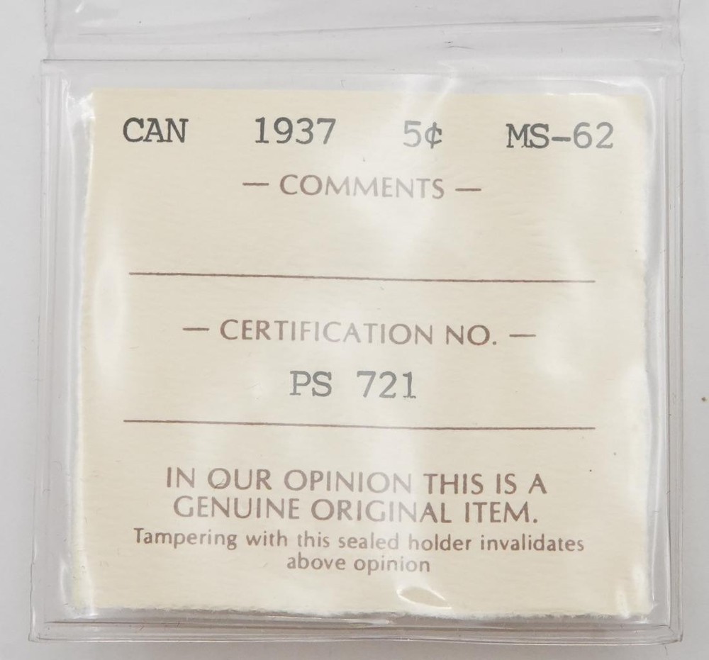 1937 Canada 5 cents ICCS MS-62