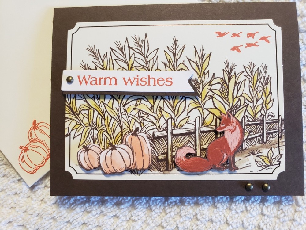 Handcrafted fall birthday greeting card, fox in corn field