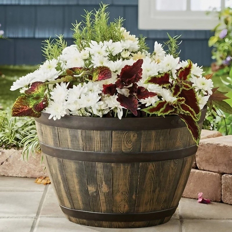 Rustic Whiskey Barrel Planter Recycled Plastic Drainage UV Resistant Lightweight