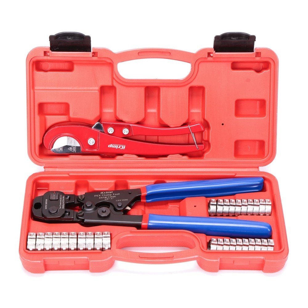 PEX Crimping Tool with Ratchet & Removal Function, 20PCS Clamps & Pipe Cutter