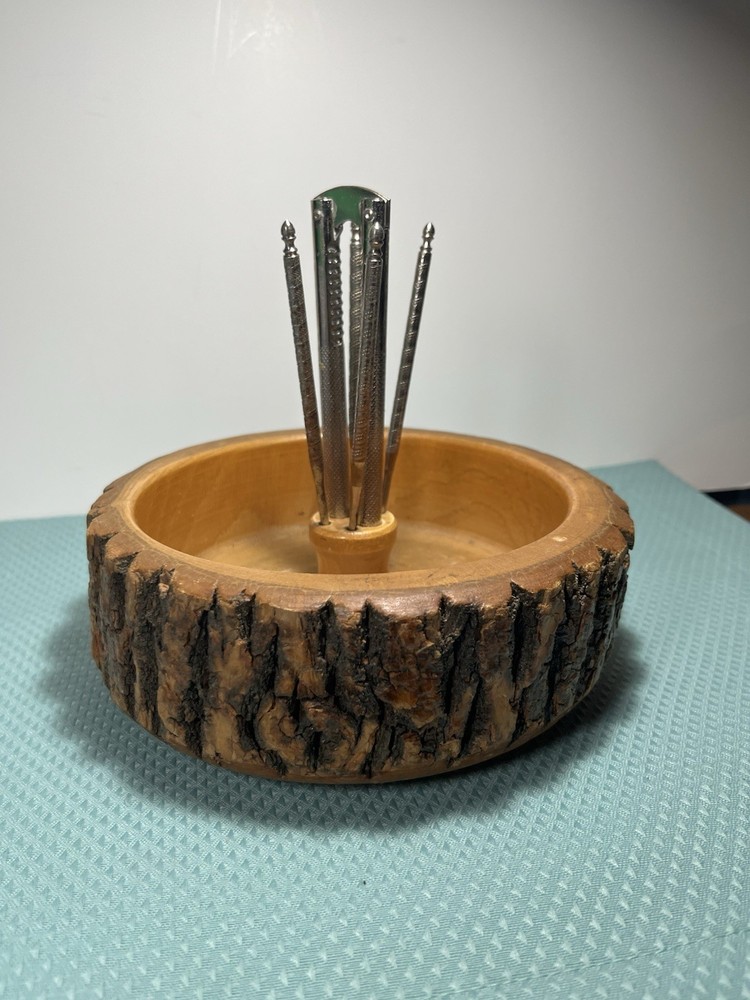 Vntg Live Edge Nut Bowl With Cracker & 4 Picks 1950's ?