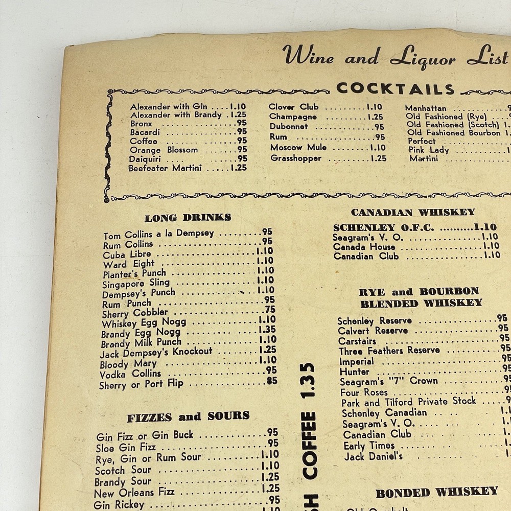 Jack Dempsey’s Restaurant Menu March 7 1971
