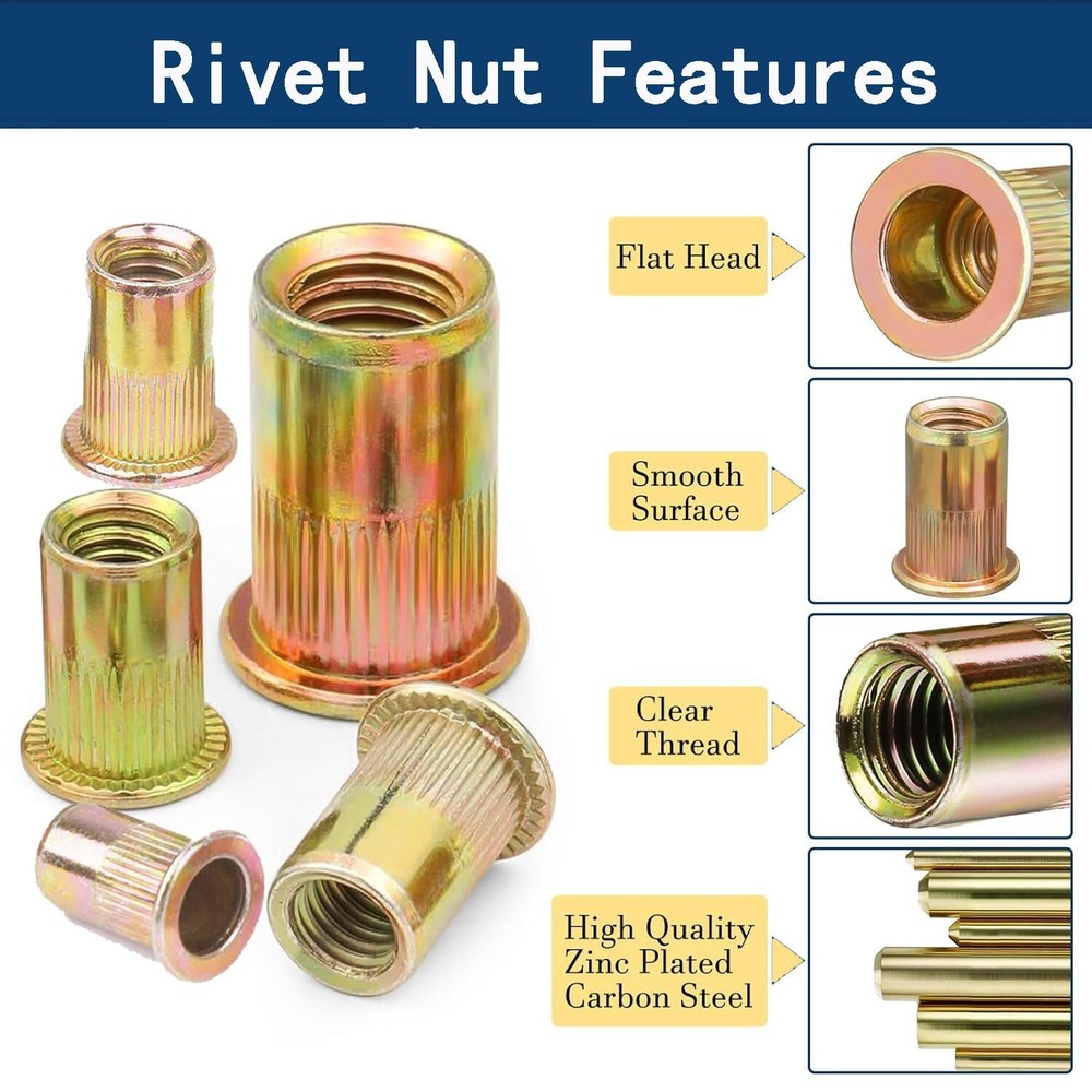 20 Pcs Rivet Nut 1/2"-13 UNC Flat Head Rivnut Threaded Insert Nut Zinc Plated