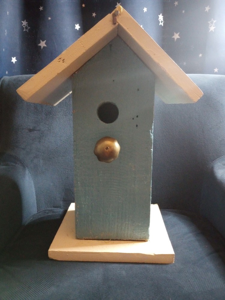 Handmade Wooden Birdhouse with Brass Accent Perch