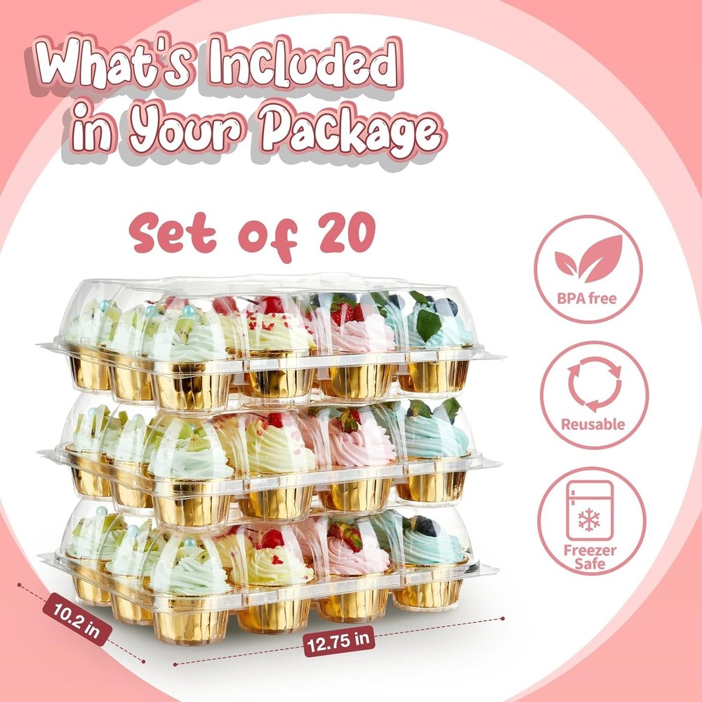 12 Pack x 20 Sets Stackable Cupcake Carrier with 240 Pack Liners, Plastic Cup...