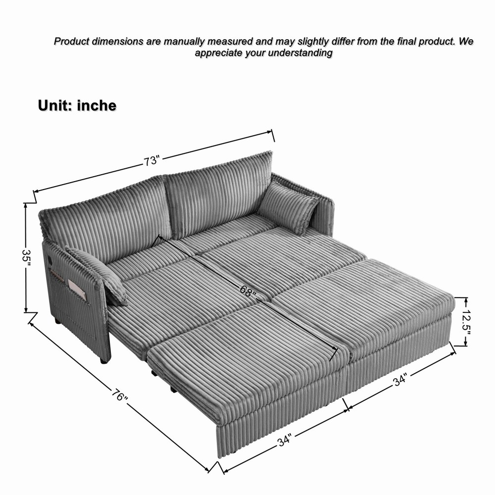 Modern Sleeper Sofa Bed w/ USB Charging 3-in-1 Convertible Sofa for Small Space