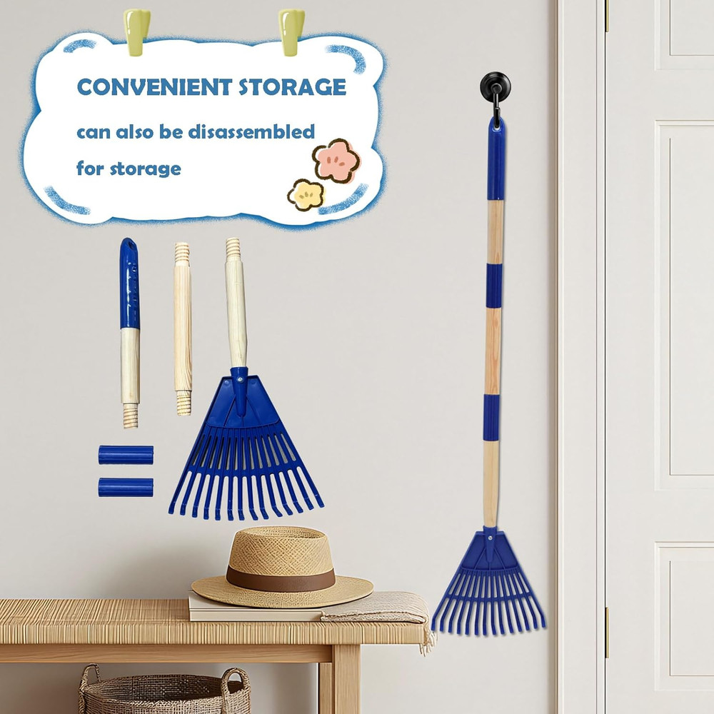 Kids Leaf Rake - 3-Section Adjustable Handle, Lightweight, Wood & Plastic, Small