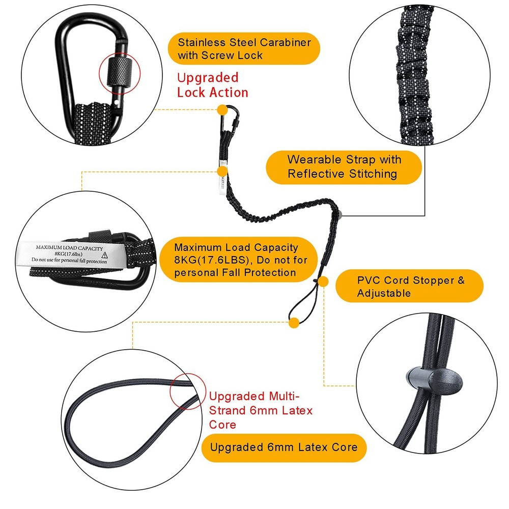 3 Pack Retractable Tool Lanyard Safety Fall Protection Tools Leash with Aluminum