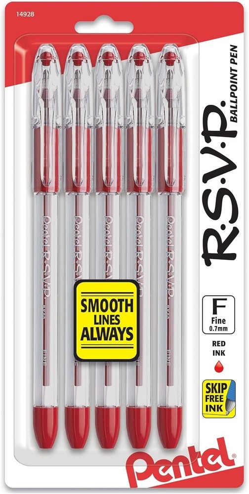 Durable RSVP Ballpoint Pens - Fine 0.7mm Tips with Refillable Red Ink, 5 Pack