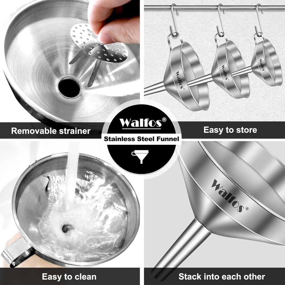 Durable Stainless Steel Funnels with Removable Strainers - Easy Clean & Store