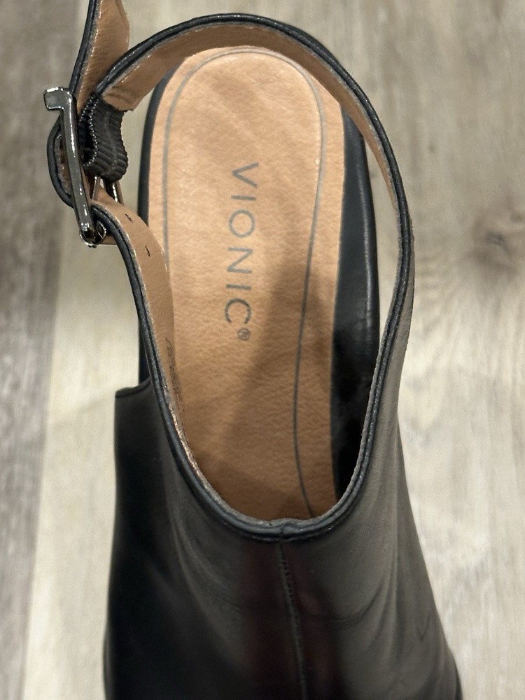 Vionic Lacey Black Leather Ankle Strap Booties Womens 7 EU 38 Arch Support