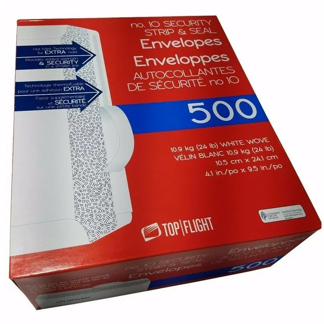 5 Boxes Top Flight No 10 Security Strip and Seal Envelopes, White - 500 Count