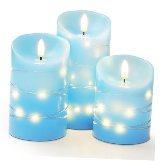 Flameless Candles with String Lights, 3 Pack Embedded Fairy String Lights Blue