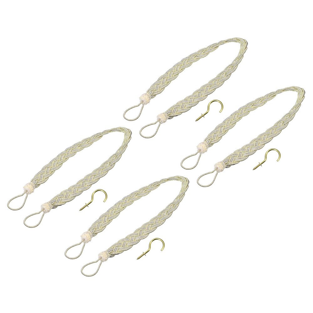 4Pcs 23" Curtain Tiebacks Braid Drapery Holdback Holder with Hooks Beige/Silver