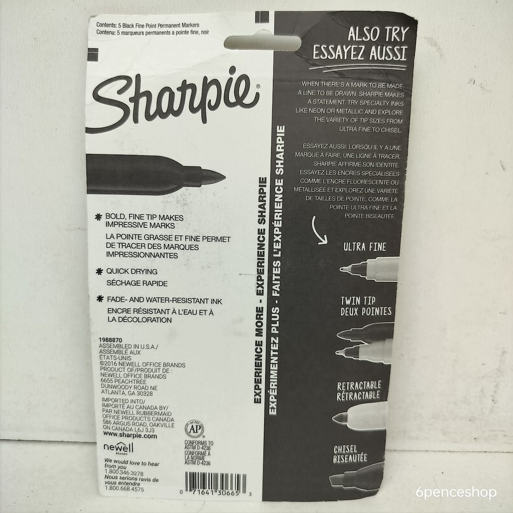 Sharpie 30665 5Ct Permanent Markers Fine Tip