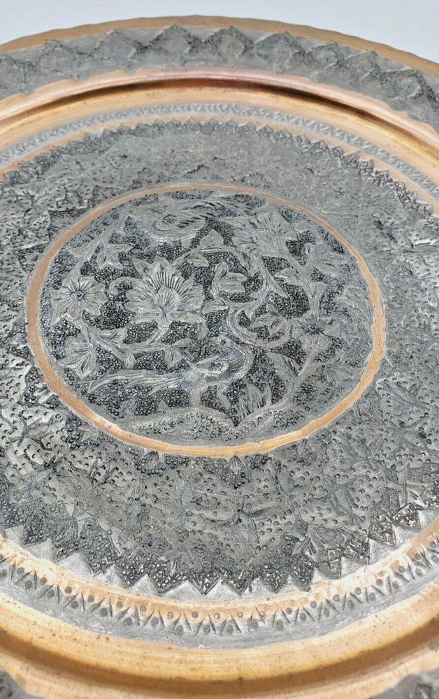 Vintage Silver Tone & Copper Middle Eastern Engraved 12" Tray, Wall Decor