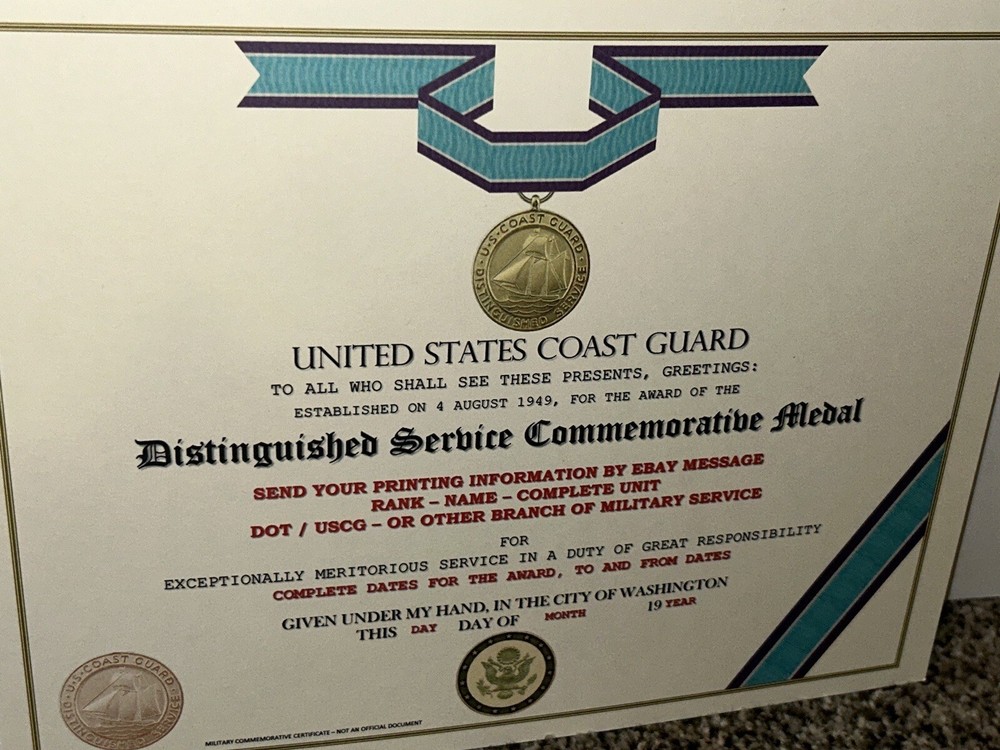 USCG DISTINGUISHED SERVICE MEDAL COMMEMORATIVE CERTIFICATE ~ TYPE-2 w/PRINTING