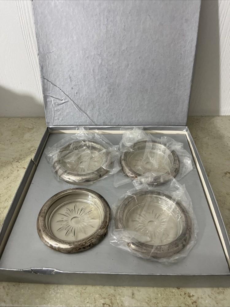 Vtg Glass Silverplate Drink Coasters