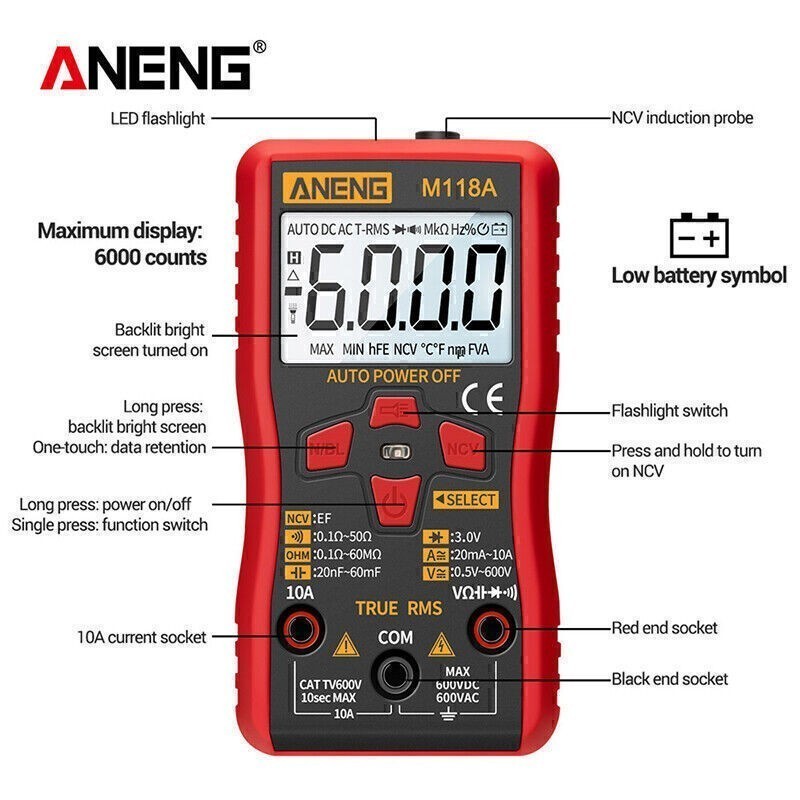 ANENG M118A Digital Mini Multimeter Tester AC/DC Resitance Voltage Meter RMS NCV