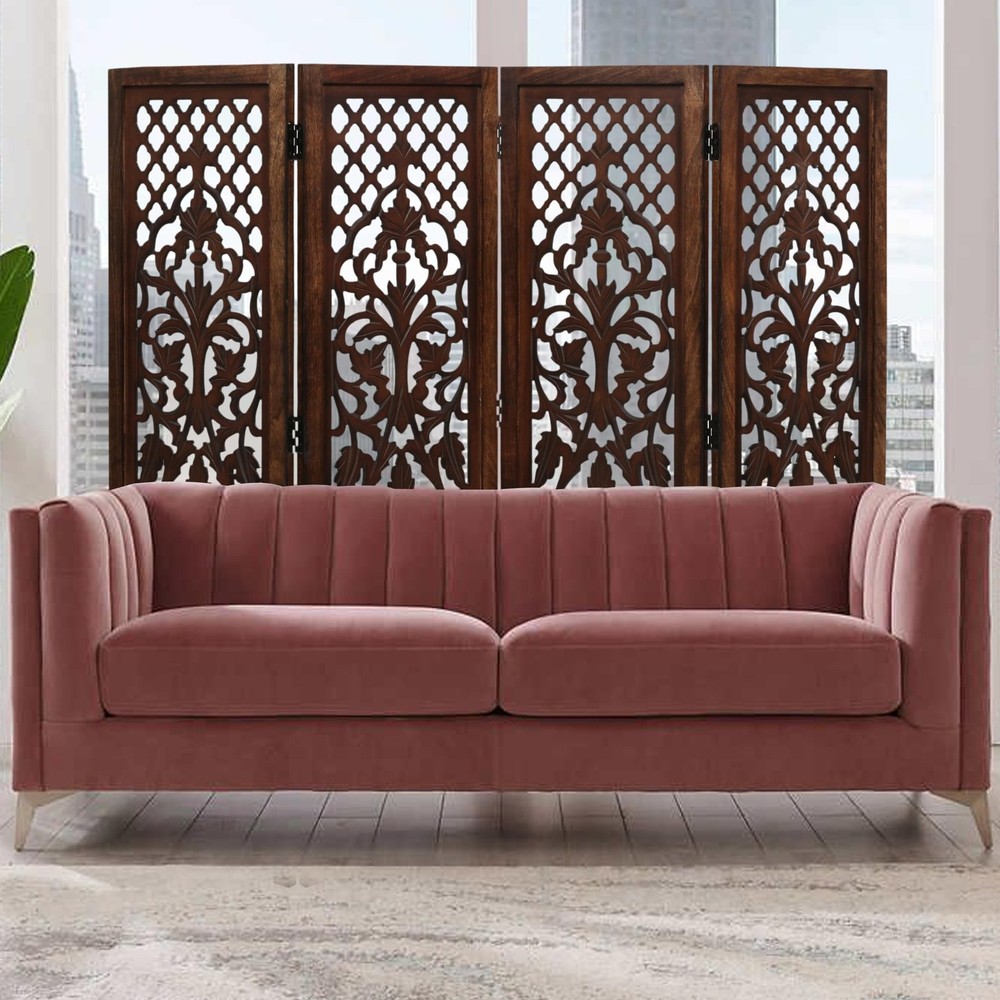 Room Divider Wood Screen Panel – Burnt Brown, 4-Panel Folding 64"x54", Hand-C...
