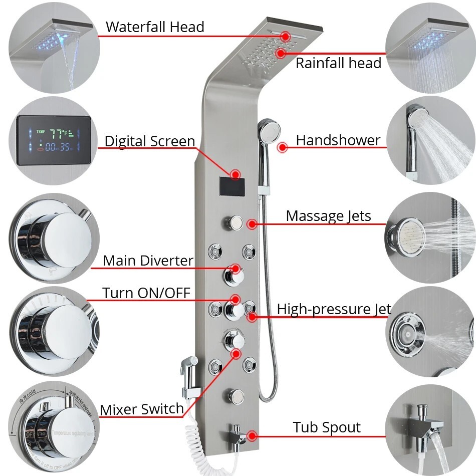 Stainless Steel LED Shower Panel Tower System Rainfall Waterfall Shower Head