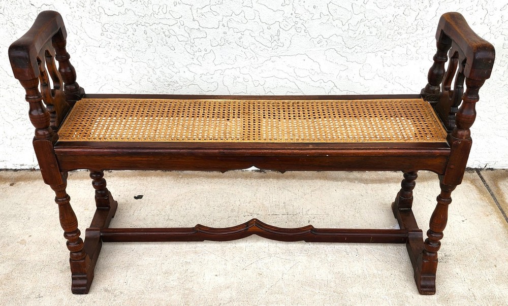 Antique English Walnut & Cane Window Bench