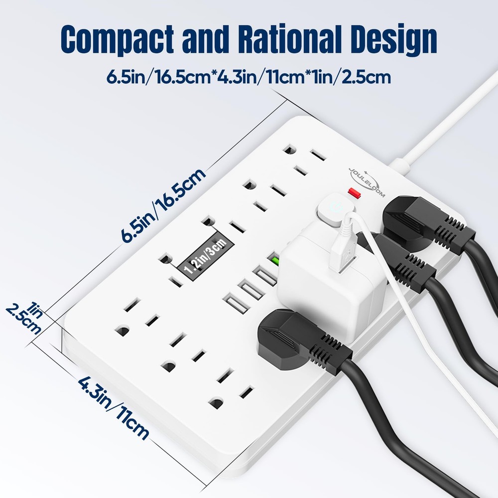 JouleLoom 2 Pack 6 FT Flat Plug Surge Protector Power 6 FT-2Pack, White